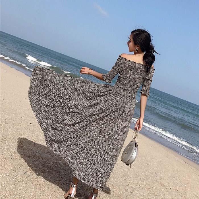 Women Off Shoulder Floral Camisole Dress Short-sleeved Long A-line Vacation Beach Dress