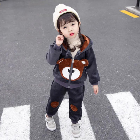 Girls Plus Velvet Thick Autumn Solid Color Printing Fashion Suit Girl Baby Autumn and Winter Children's Hooded Suit Cotton Coat