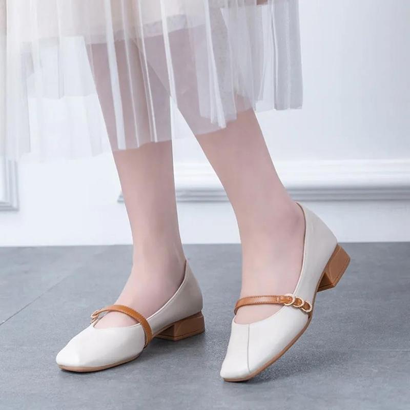 Soft Leather Single Shoes Women Shallow Mouth Flat Casual Shoes Thick Heel Mid-heel High Heels Square Toe Ladies Shoes
