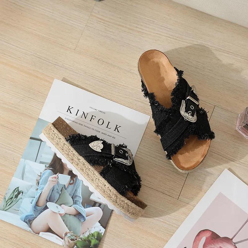 Summer Women's Shoes Handmade Hemp Rope Drag Sandals Cross Denim Increased Thick Bottom All-match Retro Popular Fashion Slippers