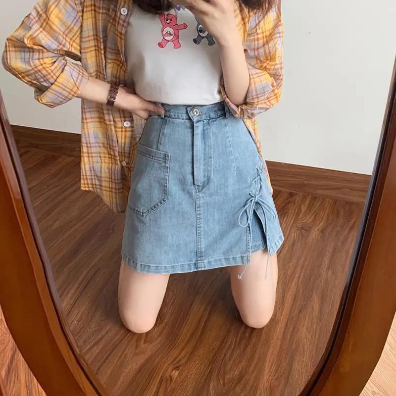 Women Sexy Sweet Solid Split Denim Skirt High Waist Above Knee Hip Skirt Casual Club Home Office