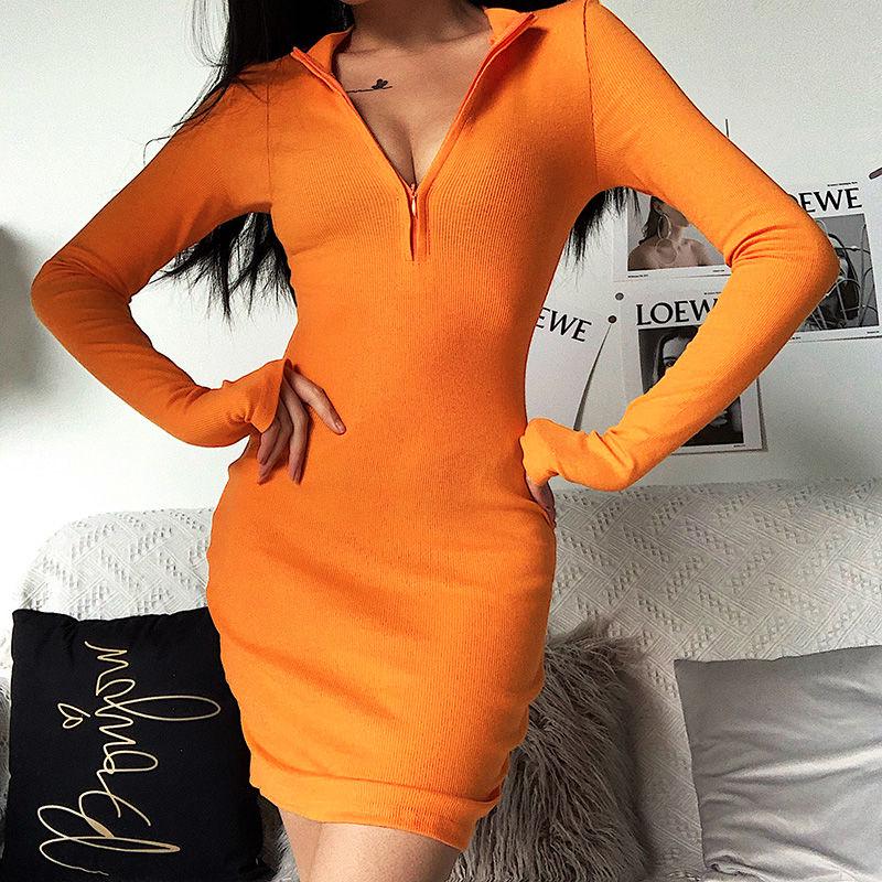 Pure Color Slim Zipper Dress Fashion Casual Sweater Autumn and Winter Women Bag Hip Skirt