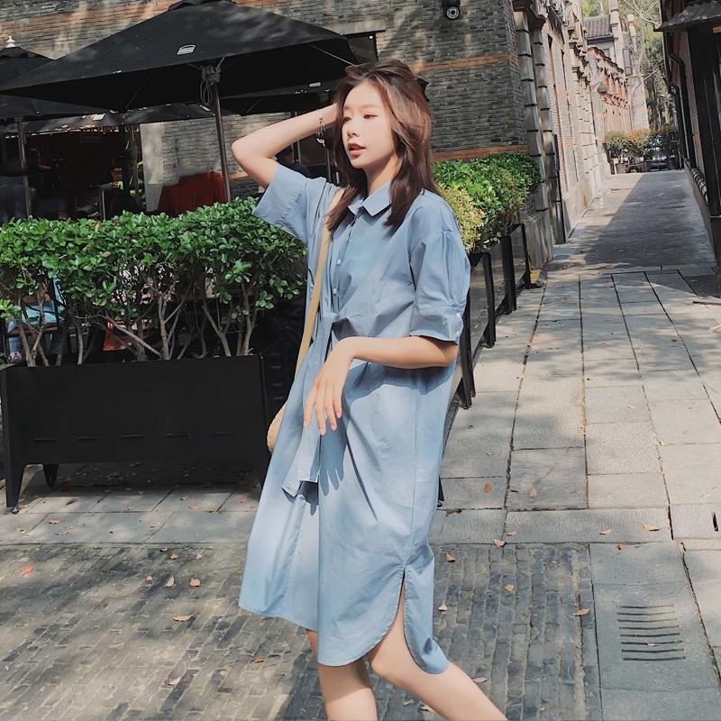 Women T-shirt Dress with Belt Loose Turn-down Collar Casual Loose Big Pocket Short Sleeve Buttons Dress Irregular Split Fork