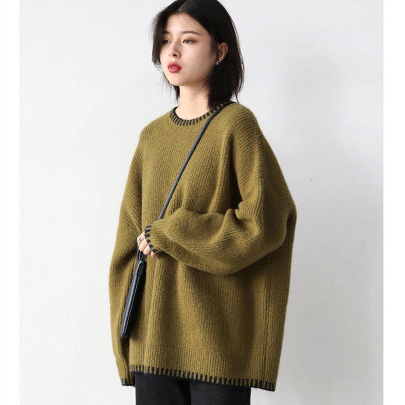 Large Size Knitted Sweater Women Autumn and Winter Loose and Lazy Retro Hit Color Pullover Round Neck Sweater