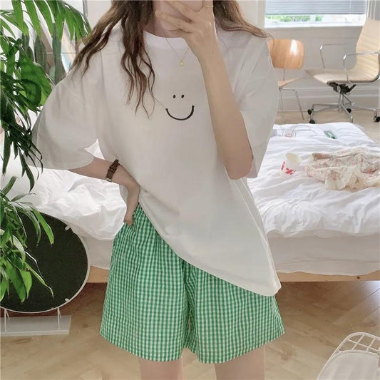 2PCS Ins Summer Smiley Print White T Short Sleeves + Plaid Shorts Pajamas Home Clothes Two-piece Suit Women Go Out Casual Suit Athletic Clothing Sets