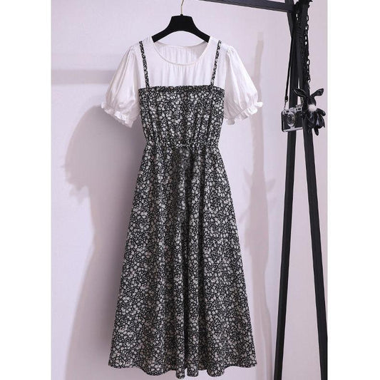 Women Summer Vintage High Waist Short Sleeve Casual Dress Elegant Patchwork Slim Floral Print Pleated Dress