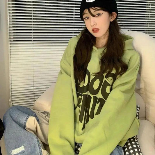 Women's Korean Style Oversize Loose Hooded Sweater Ladies Lazy BF Style Letter Print Casual Top Hip Hop Long Sleeve Pullover Sweatshirt