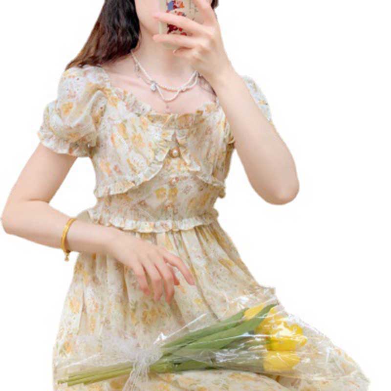 Comfortable and Gentle Floral Long Skirt French High Waist Slim Dress Women's Summer Style