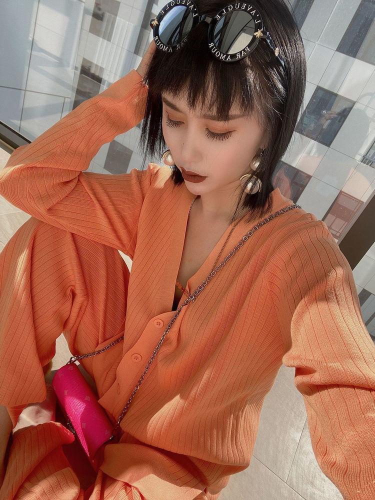 2PCS Women's Solid Color Suit Autumn and Winter Knitted V-neck Cardigan Jacket + Casual Straight Wide Leg Pants Two-piece Suit Loose Casual Sets