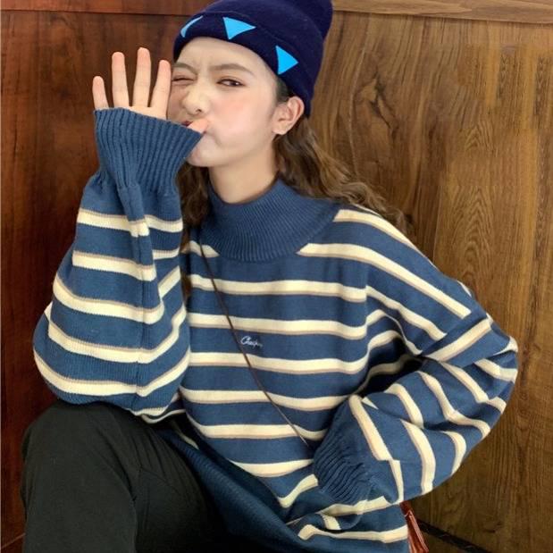 Pofulove 2 Colors Turtleneck Over Size Sweet Hit Color Striped Girly Lantern Cuffs Pullover Sweater