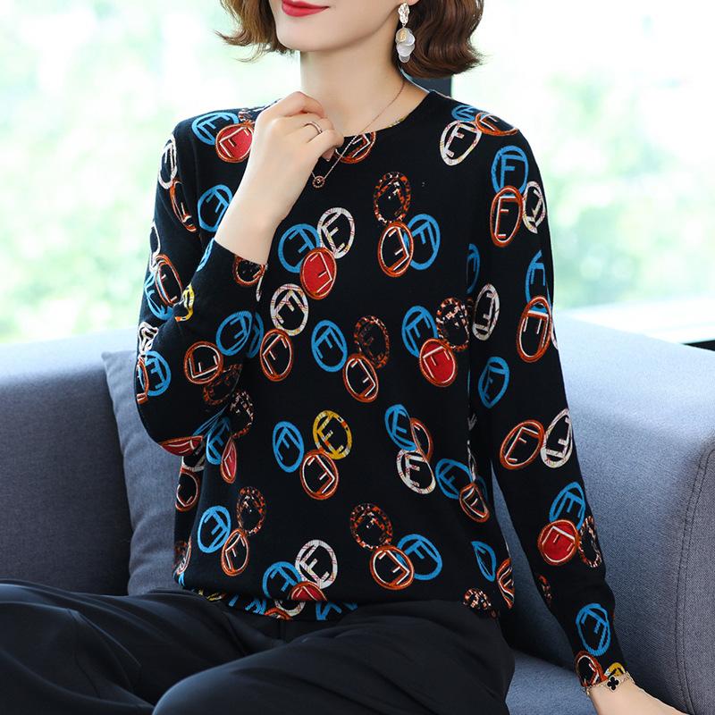 Autumn and Winter Printing Bottoming Shirt Women's Plus Size Casual Sweater Fashion Round Neck Printed Sweater