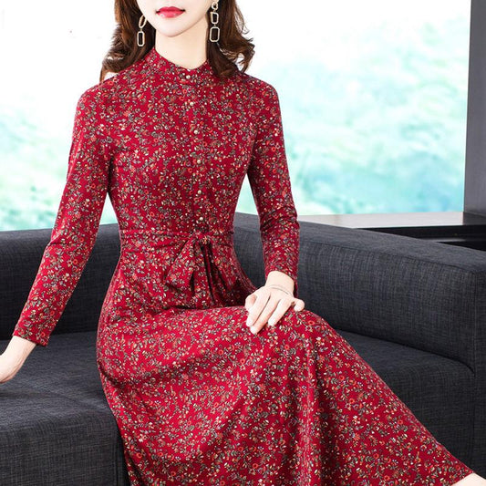 Autumn and winter stand-up collar long-sleeved waist slim dress long skirt floral skirt dress women