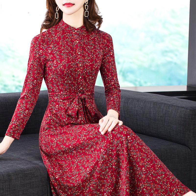 Autumn and winter stand-up collar long-sleeved waist slim dress long skirt floral skirt dress women