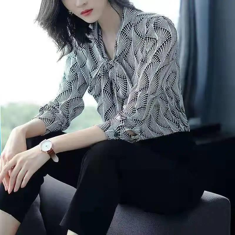 Long Sleeve Chiffon Shirt Women's Spring and Autumn Loose Printed Bottoming Shirt Top