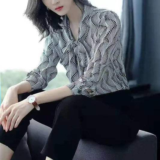 Long Sleeve Chiffon Shirt Women's Spring and Autumn Loose Printed Bottoming Shirt Top