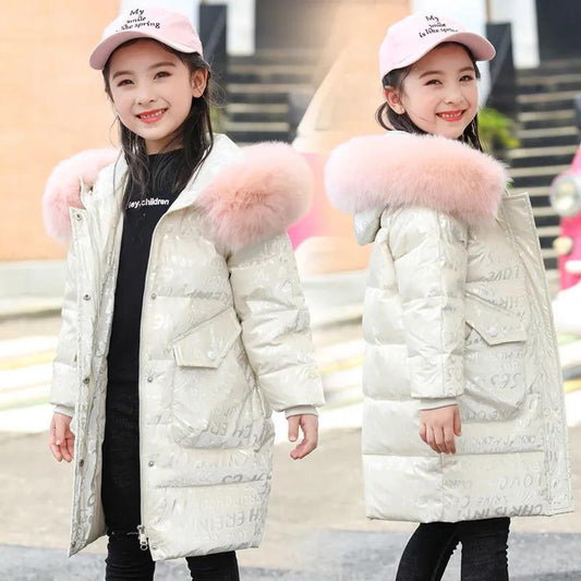 Girls Down Padded Jacket Mid-length Winter Clothes Big Children's Padded Coat Woolen Collar Warm and Thick Printed Cotton Jackets