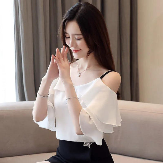Sweet Temperament Short-sleeved Ruffled Women's Collar Off-shoulder Top Ladies Temperament Chiffon Shirt Bottoming Shirt