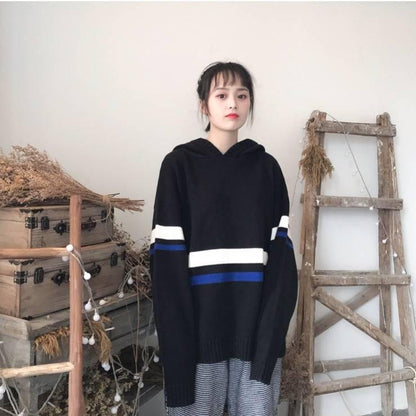 Pofulove Autumn Winter ins Hooded Sweater Schoolgirl Loose Harajuku bf Lazy Knit Pullover Top