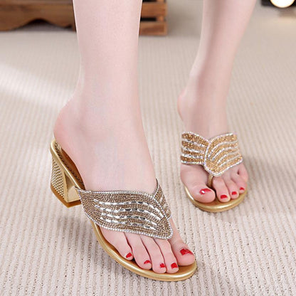 Plus Size 34-40 Women All-match Shiny Slippers Outdoor Diamond High Heels Bohemian Beach Wear-resistant Non-slip Slippers Flip Flops Sandals
