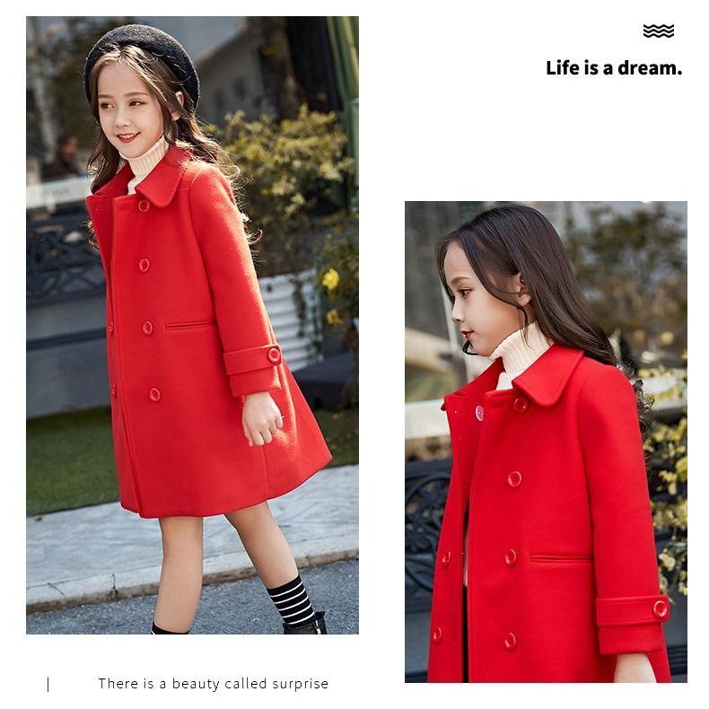 Festive Christmas Clothes Girls Coat Children's Woolen Coat Mid-length Red Fashion Thick Winter Clothes