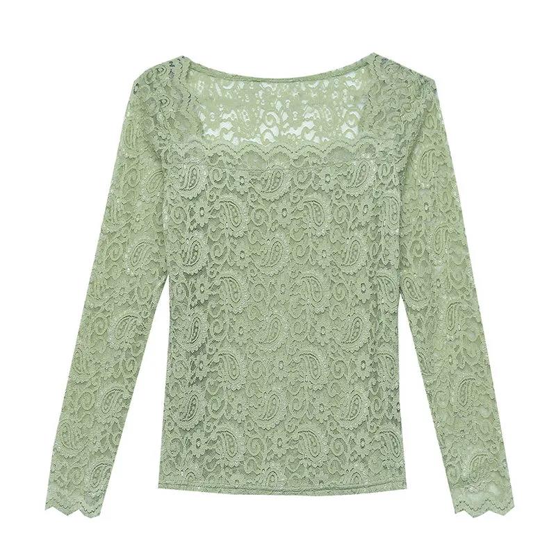 Women's Spring and Autumn Long Sleeve Lace Bottoming Shirt Square Collar Slim Top