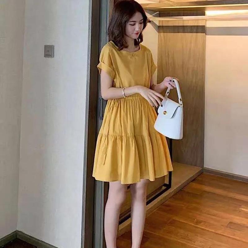 Women Summer Dress Short Sleeved Above Knee Length Large Size Loose Casual Solid Color Dress M-XXXXL