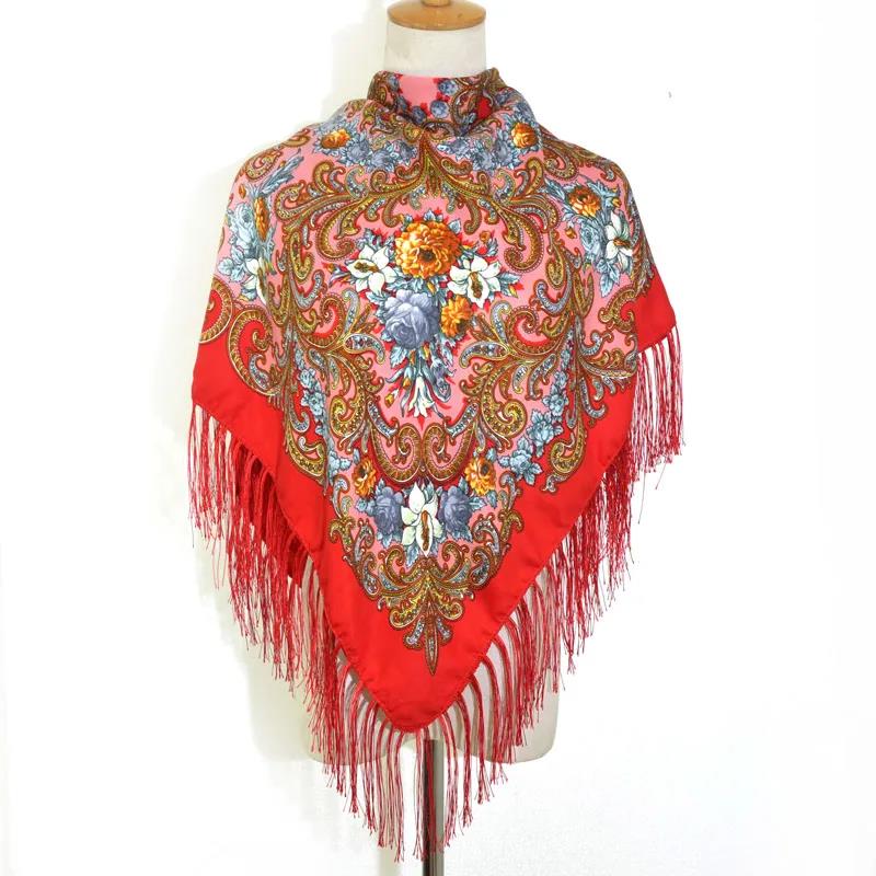 Muslim Scarf for Women's Autumn Winter Cotton Printed Fringe Multifunctional Square Scarf Ethnic Wind Sand-proof Shawl Embroidery Tassels Scarves