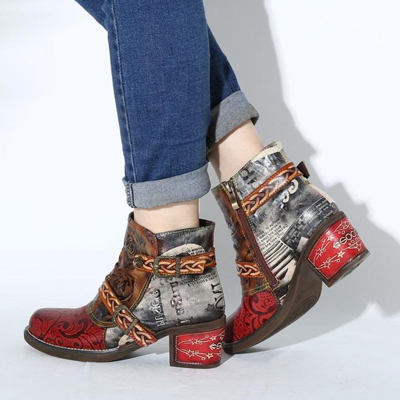 Autumn Winter Women Round Toe Boots Snake Printing Zipper Footwear Ethnic Leather Martin Boots