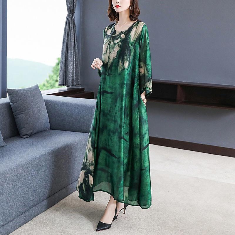 Green M-XXXXL Women's Summer Dress Middle-aged 3/4 Sleeve Round Neck Printing Length To Calf Daily Wear Homewear