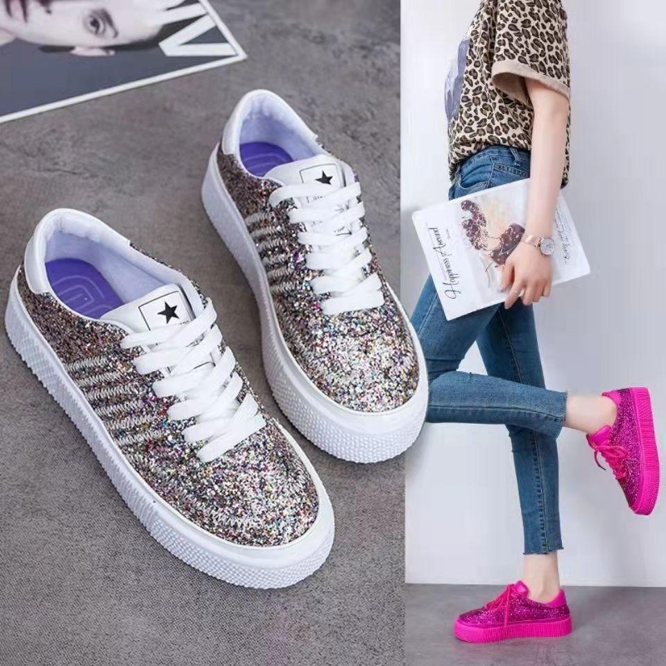 Women's Pink Sequined Shoes Low-top Lace-up Casual Shoes Women's Skate Shoes Student Personality Paired Shoes