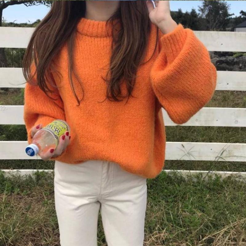 Pofulove Orange sweater women loose lazy wind hedging sweet candy-colored sweater students thickened