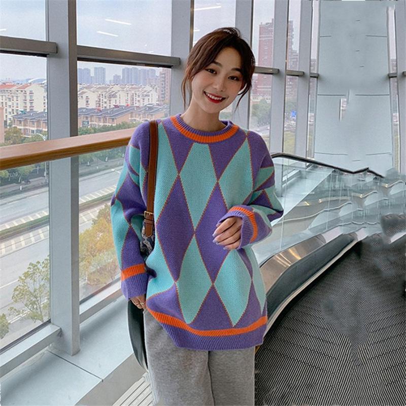 Women Retro Loose Sweater Color Block Diamond Check Pullover Sweater Round Neck Knit Jumpers Top Outwear