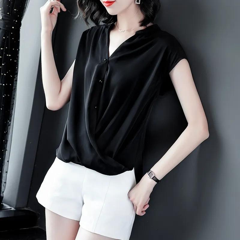 V-neck Chiffon Shirt Women's Summer Belly Cover Blouse Short-sleeved Loose Temperament Sleeveless Slim Solid Color Large Size Shirt Women Summer Top