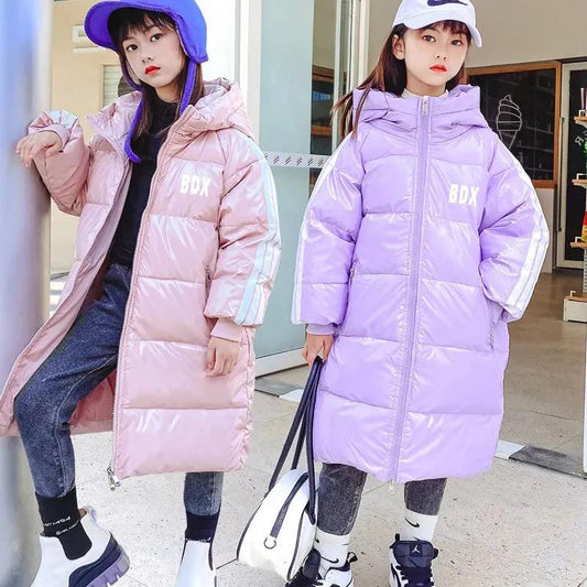 Children's White Duck Down Warm Down Jacket Mid-length Plus Velvet Padded Over The Knee Coat Winter