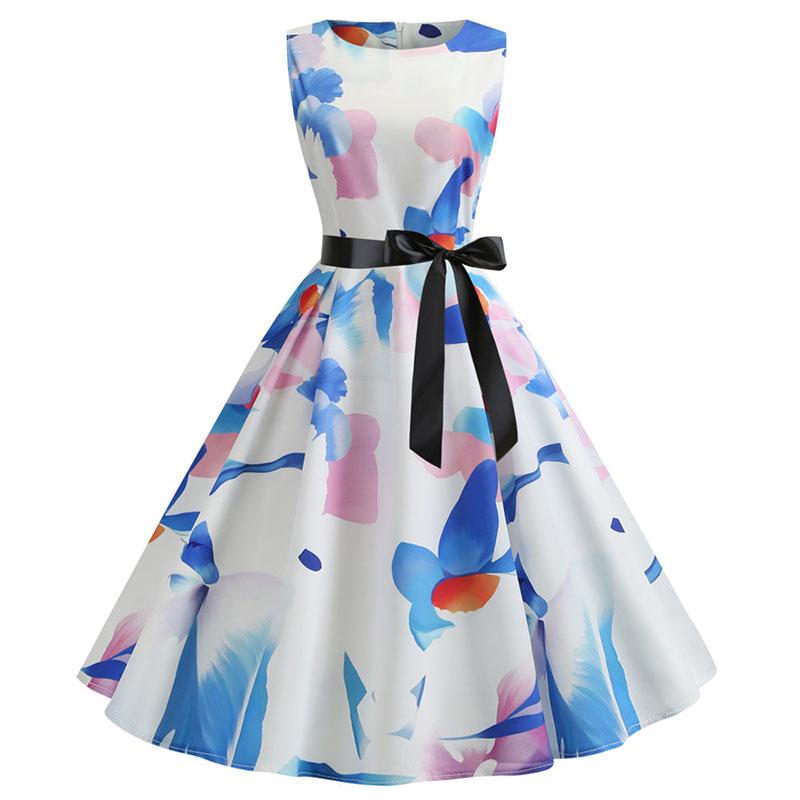 Women 1950s Boho Hepburn A-Line Summer Floral Print Elegant Vintage Dress O Neck Belt