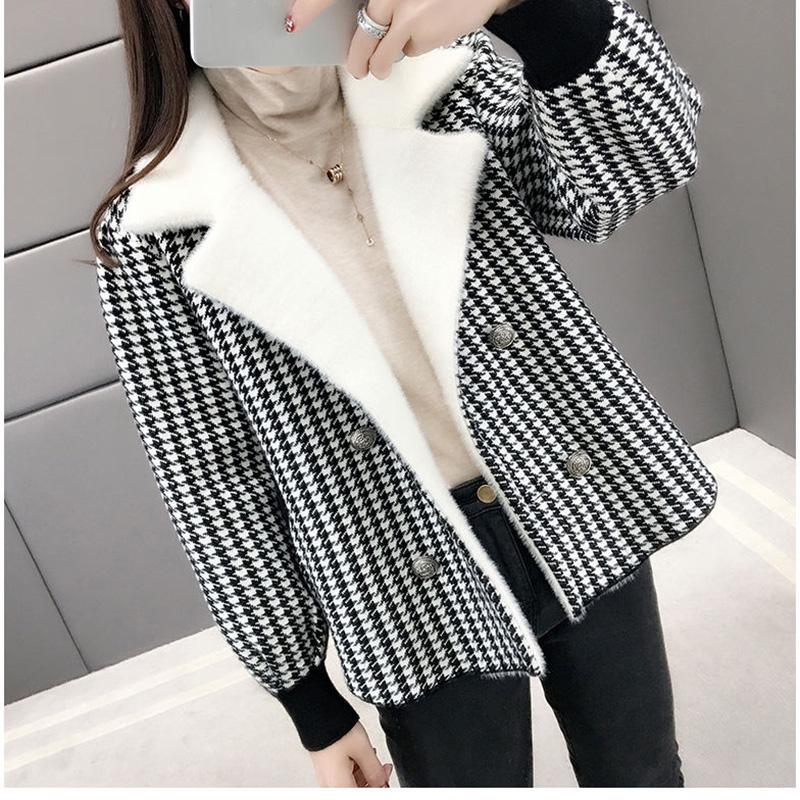 Autumn and Winter Knitted Cardigan Long Sleeve Lapel Loose Sweater Korean Fashion Plaid Jacket
