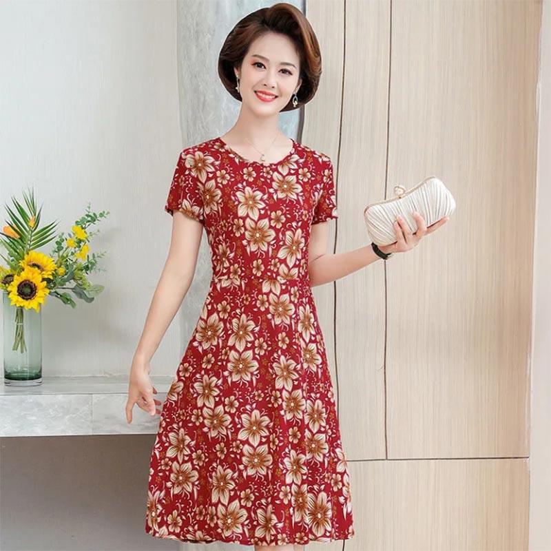 Floral Holiday Style Middle-aged and Elderly Plus Size Women's Dress Short-sleeved Mother Dress Long Skirt Slim Skirt