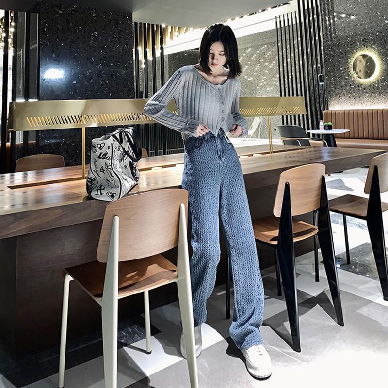 Spring  Autumn Plus Size Loose Woven Denim Wide-leg Trousers   Straight Thin High-waist Casual Mopping Pants Women