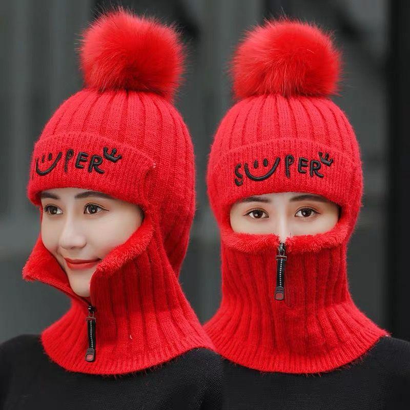 Zipper Hat Autumn and Winter Knitted Ear Protection Woolen Cap Mask Warmth and Velvet Thickening All-match Cycling Hood