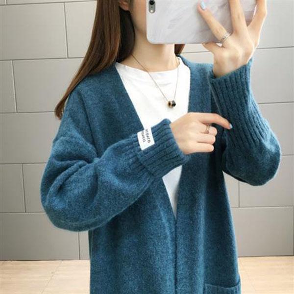 Spring and Autumn Casual Thick Sweater Mid-length Knitted Cardigan Jacket Pure Color Simple Female Top