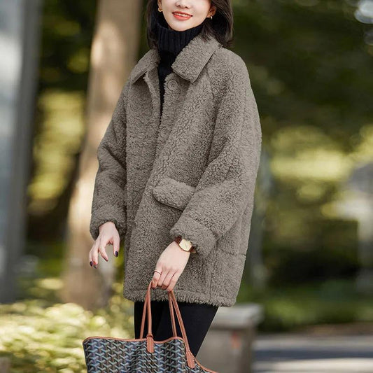Fashion Ladies Lapel Lamb Velvet Jacket Winter Long Large Size Button Jacket Thick Warm Long-sleeved Cardigan Jacket