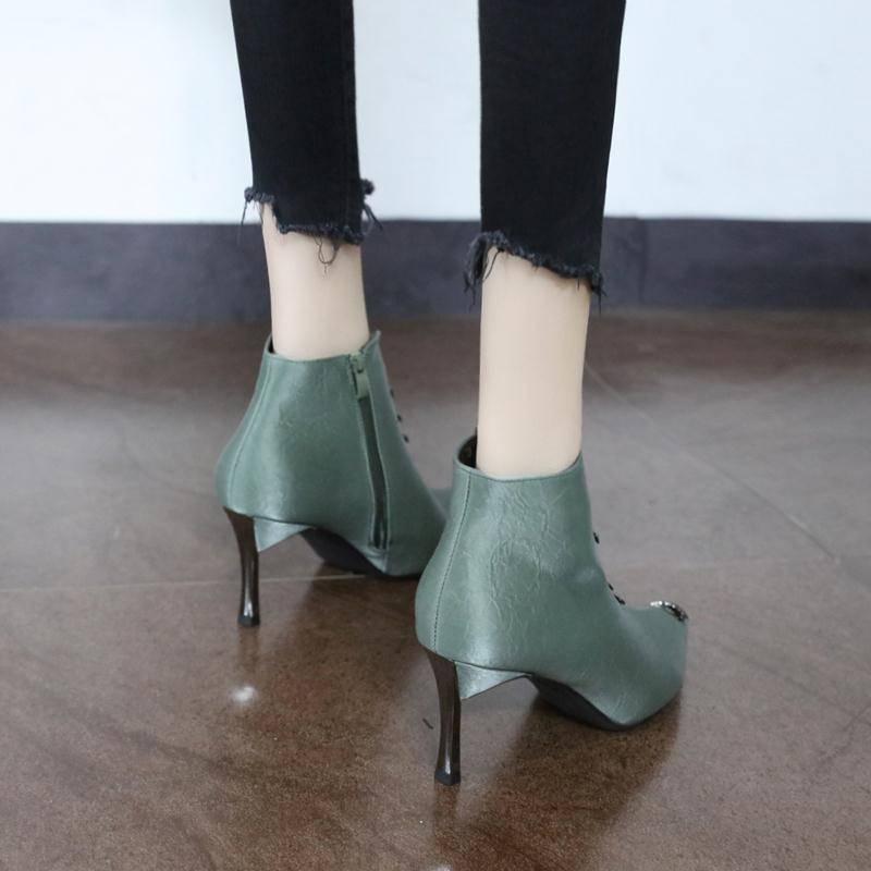 Women Stiletto Boots Autumn and Winter Metal Pointed Leather Zipper Add Velvet To Keep Warm