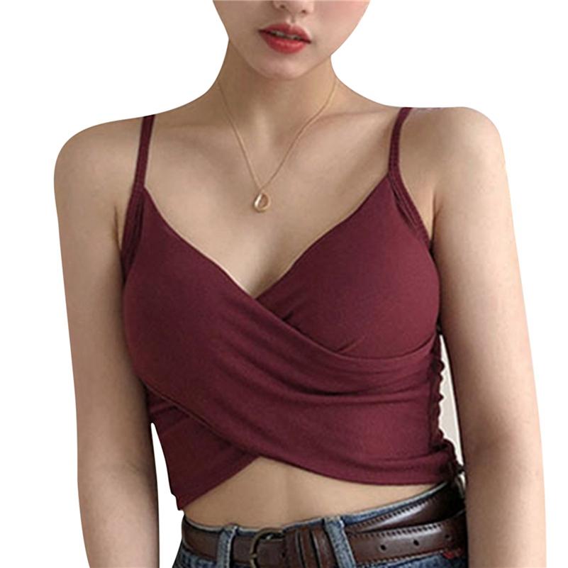 Elastic Women's Padded Tank Crop Tops Solid Color Spaghetti Straps Sleeveless Tops