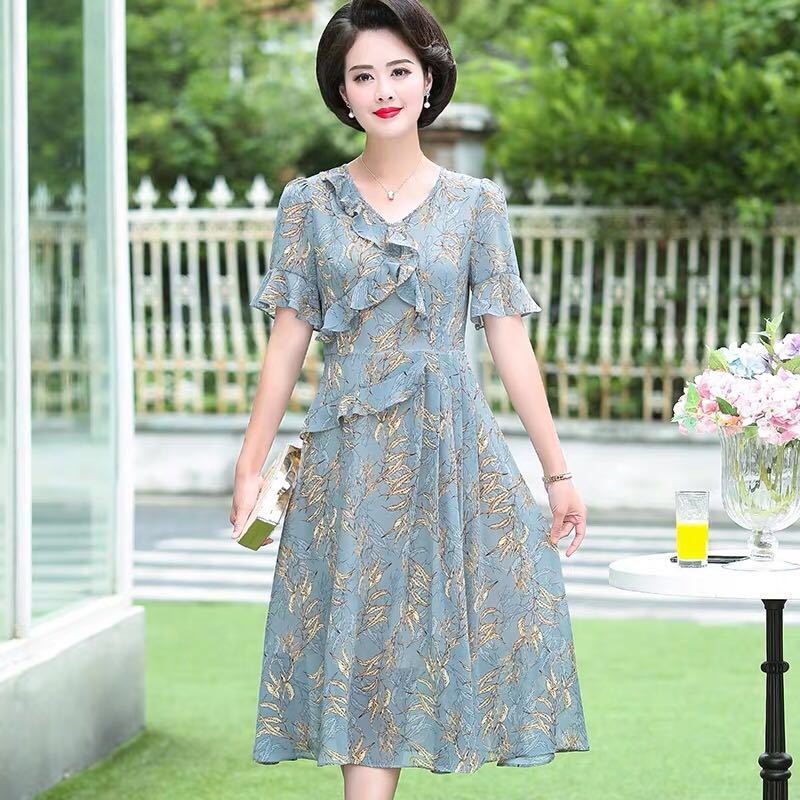 Chiffon Dress Spring Summer Ladies Irregular Over The Knee Long Dress Retro Lotus Leaf Floral Dress Round Neck Short Sleeves