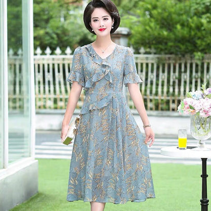 Chiffon Dress Spring Summer Ladies Irregular Over The Knee Long Dress Retro Lotus Leaf Floral Dress Round Neck Short Sleeves