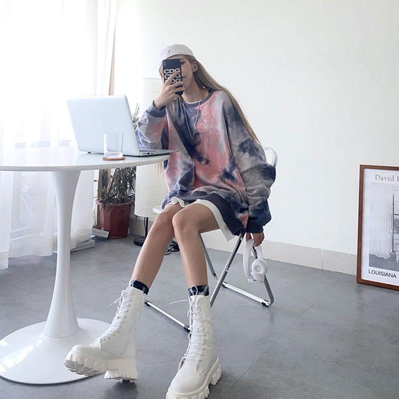 Tie-dye Sweatshirt Women's Mid-length O-neck Pullover Tops Spring  Autumn  Thin Long-sleeved Hoodies