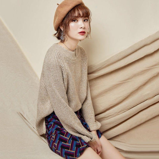 Autumn and Winter Loose and Simple Curled Long-sleeved Round Neck Solid Color Was Thin and All-match Pullover Student Sweater Women