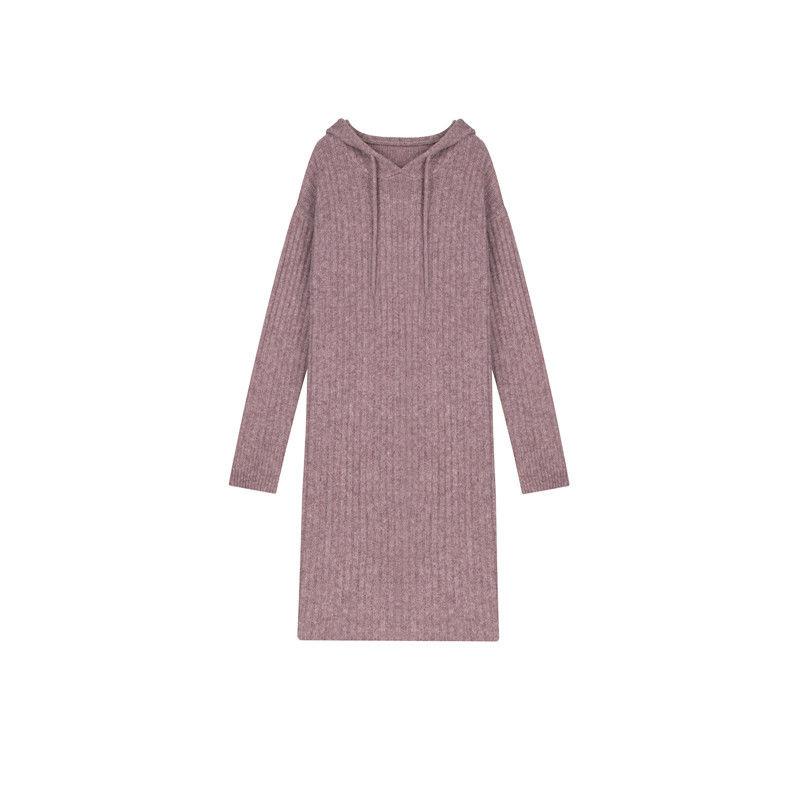 Autumn  Winter Thick Korean Mid-length Sweater Women Over The Knee Knit Sweater Dress Versatile Hooded Base Skirt