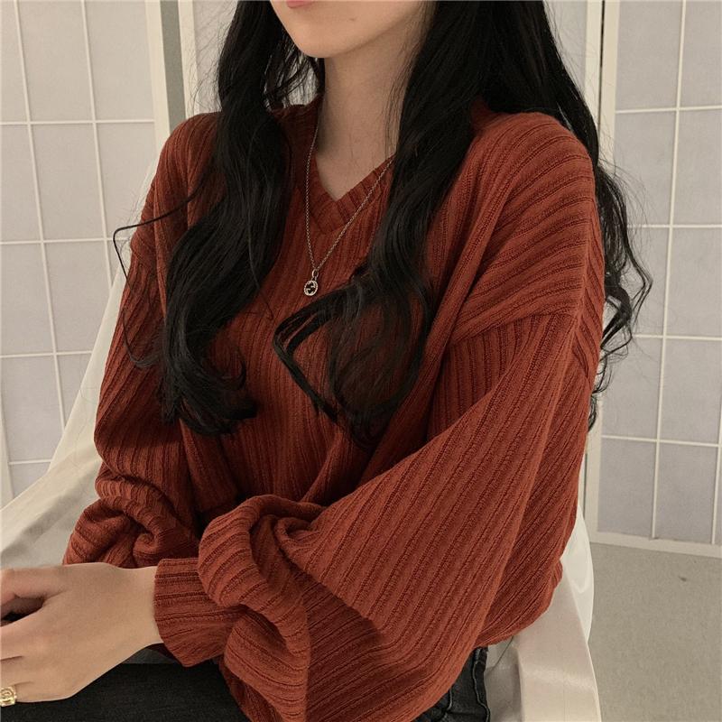 Winter Sweaters Women Lantern Sleeve Plus Size Loose V Neck Pullovers Knitted Jumper 2021 Fall New Fashion Black Oversized Harajuku Sweaters
