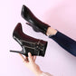 Women Mid Calf Boots Pointed Toe Zippers Martin Casual Lace-up High Heel Boots Ankle Boot Winter